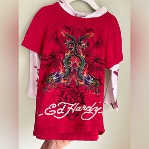 Vintage Ed Hardy red dragon tee with white star print sleeves/hood. Size 2/3